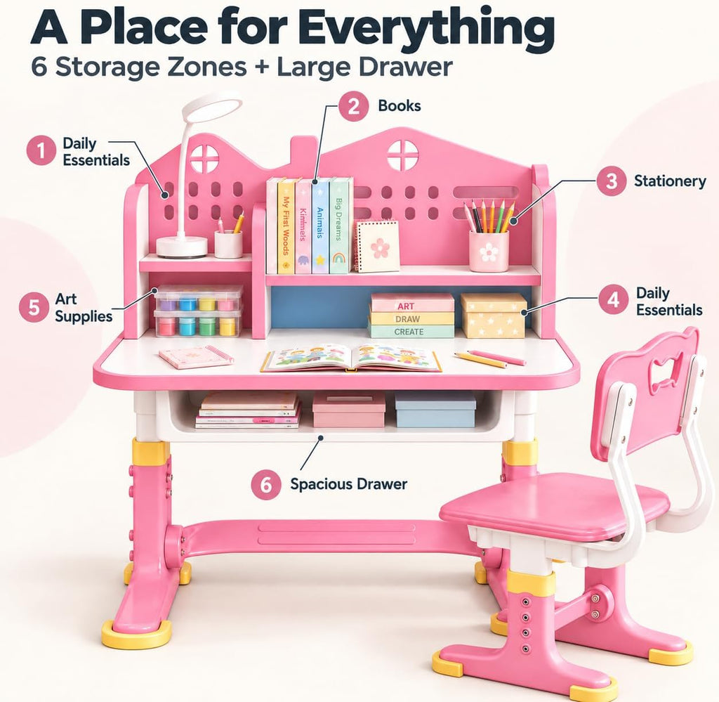 Kids Desk and Chair Set, Height Adjustable Children's Study Desk with Spacious Storage Drawer, Golden Distance