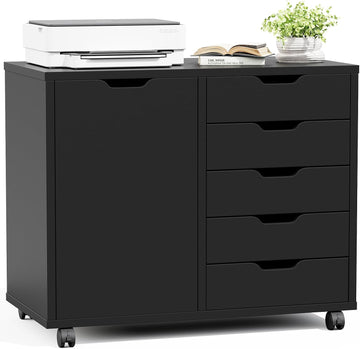 5-Drawer File Cabinet, Printer Stand with Storage, Black | Wood Under Desk with Organizer with Door and Adjustable
