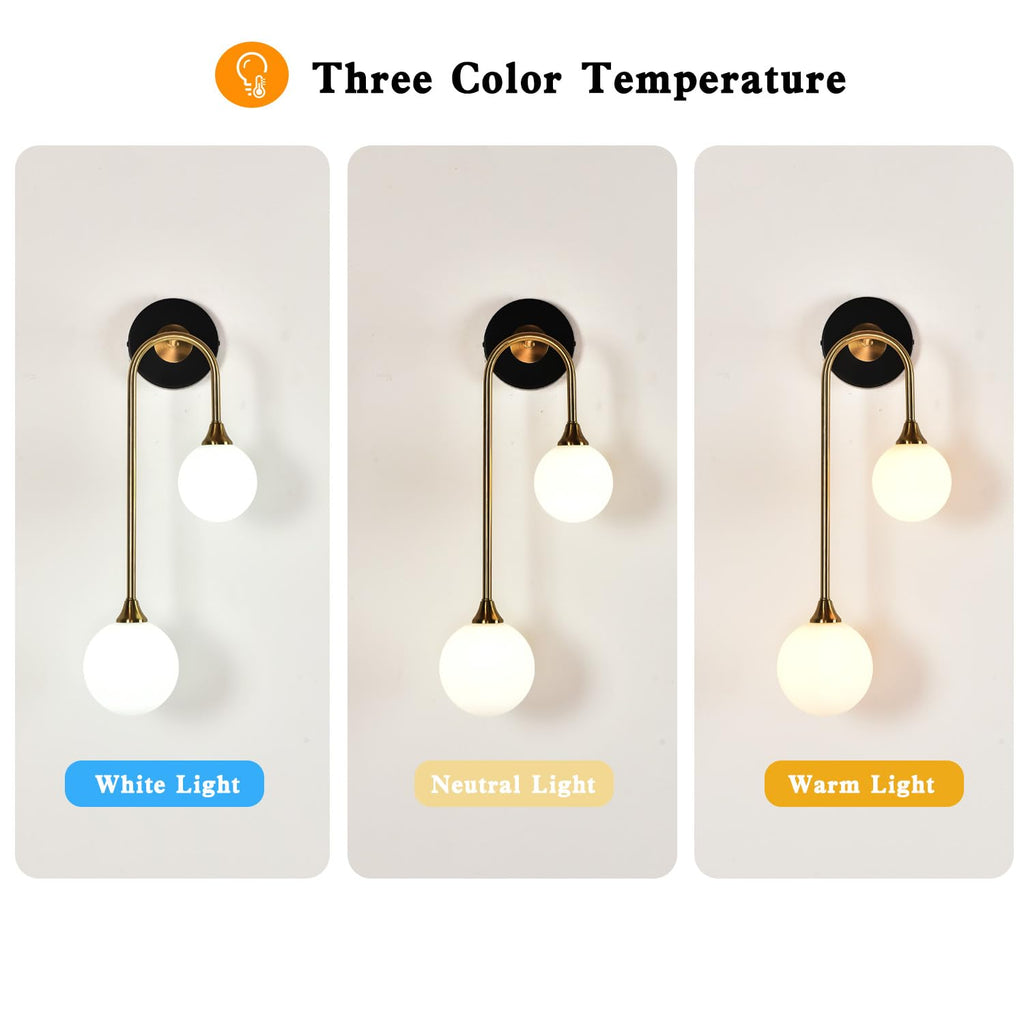 Mid Century Modern Wall Sconce Set of 2 Black and Gold Milk Glass Sconces with Double Ball Hardwired Wall Light