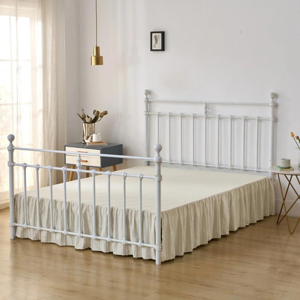 Bed Skirt Queen Size - Ruffled Bed Skirt - with Split Corners - Cream | Striped Boho Tufted -14 Inch Drop Bedskirt