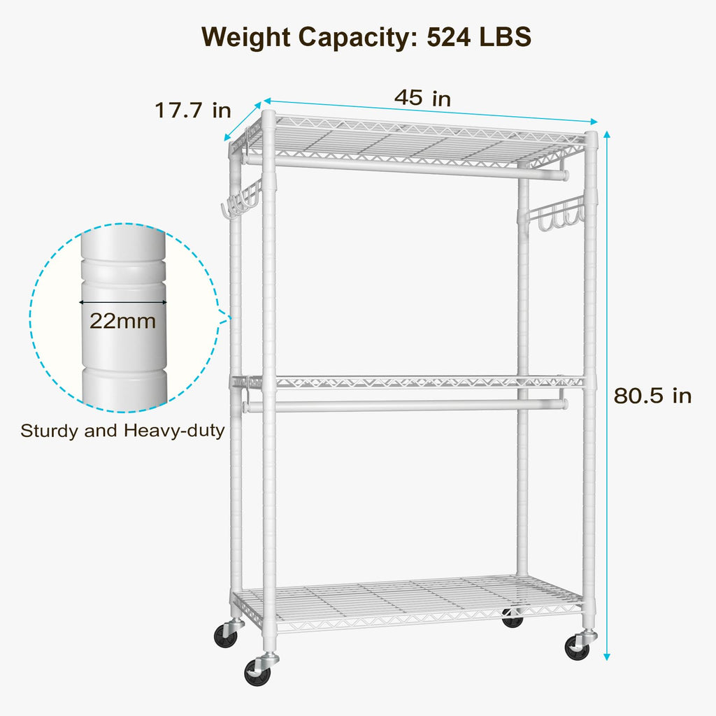 P1 Plus Rolling Clothes Rack, 22mm Diameter Heavy Duty Garment Rack