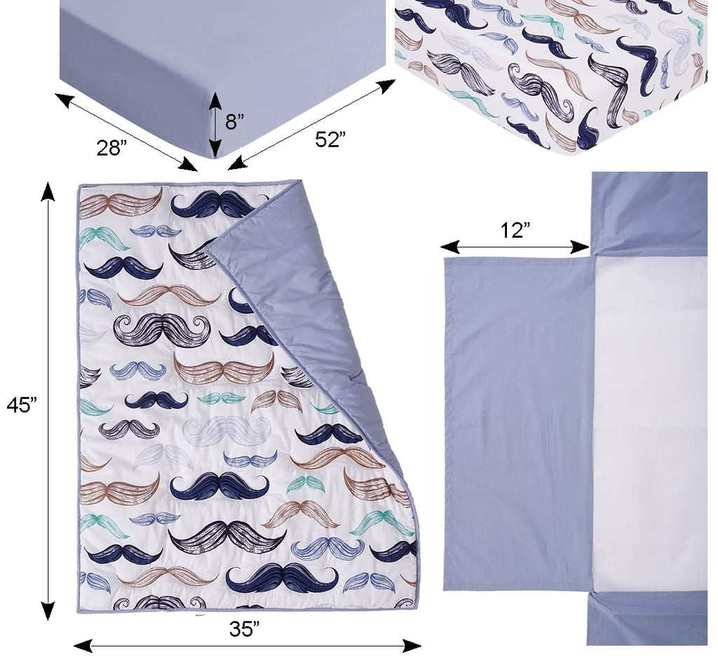 Noisy Mouse - Boho Little Man Mustache, Premium, 100% Organic Cotton 4-Piece Baby Boy Nursery Bedding Crib Set | Baby