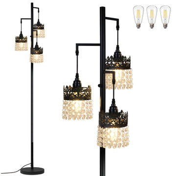 Crystal Floor Lamp, Modern Crown Design with Stepless Dimming, Black