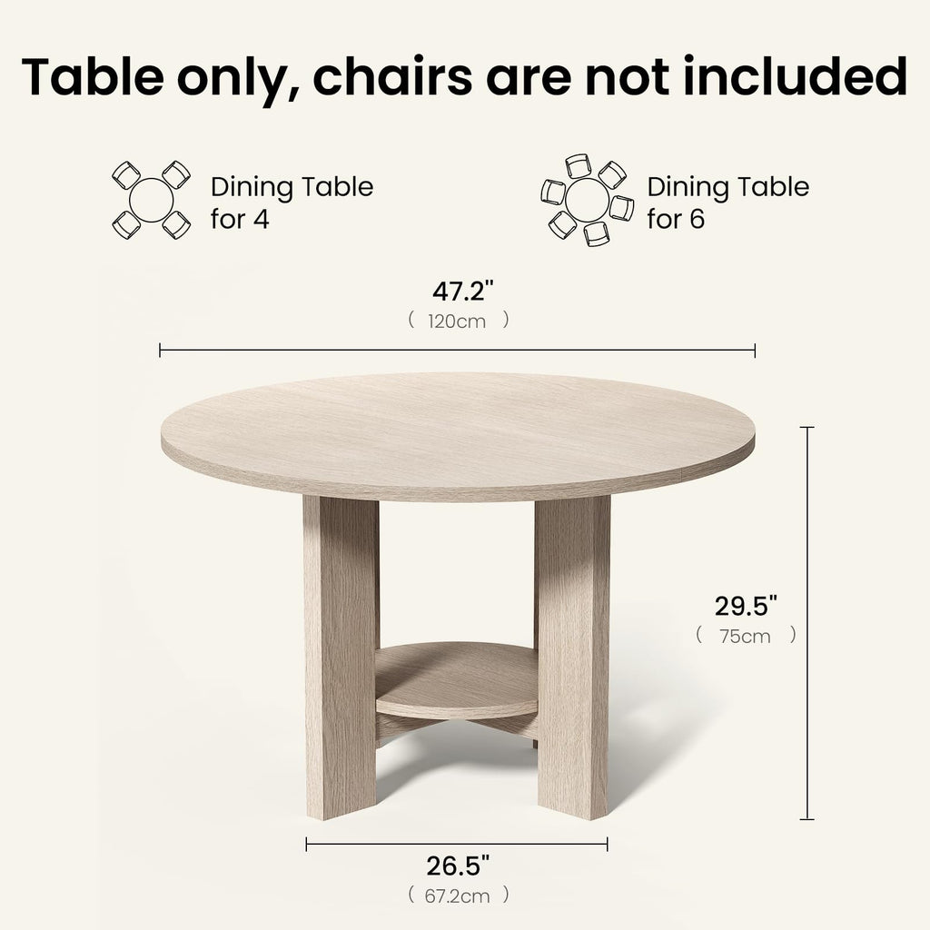 47 Inches Round Dining Table for 4-6 People, White Oak Gray