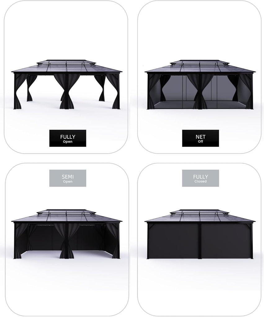 GarveeLife Hardtop Gazebo 12 ft x20 ft for All Weather, Double Polycarbonate Sheets Roof, Aluminum Alloy Frame, Net