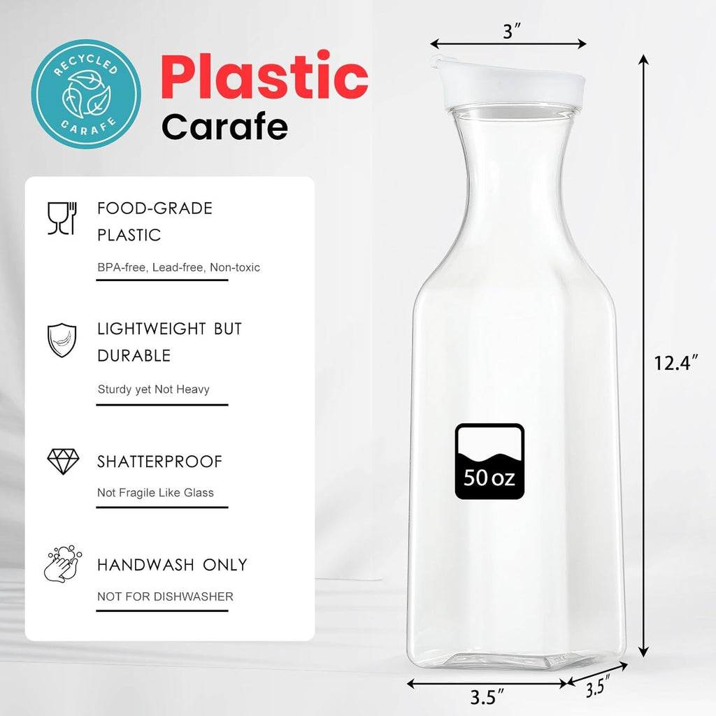 Plastic 50 Oz Water Carafe with Flip Top Lid, Set of 2 Square Base Juice Containers, Clear Plastic Pitcher - for