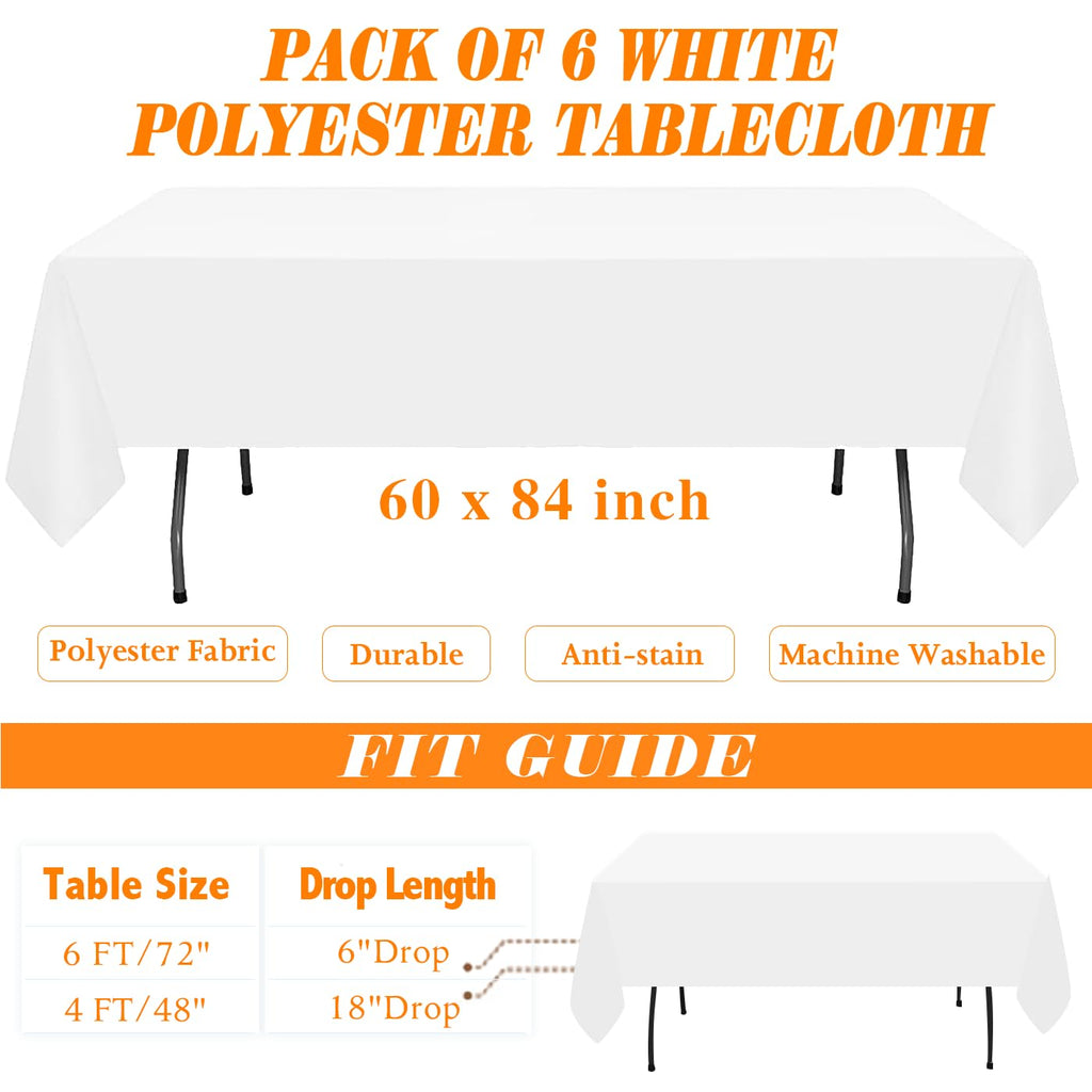 6 Pack White Table Cloth Rectangle 60X84 Inch Tablecloth Fit 4FT