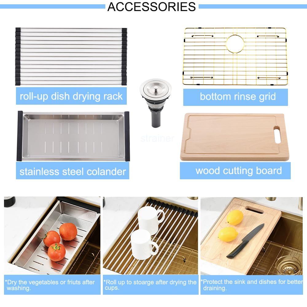 30 Inch Undermount Gold Kitchen Sink, 30x19 Undermount Workstation Sink 16 Gauge Stainless Steel Single Bowl