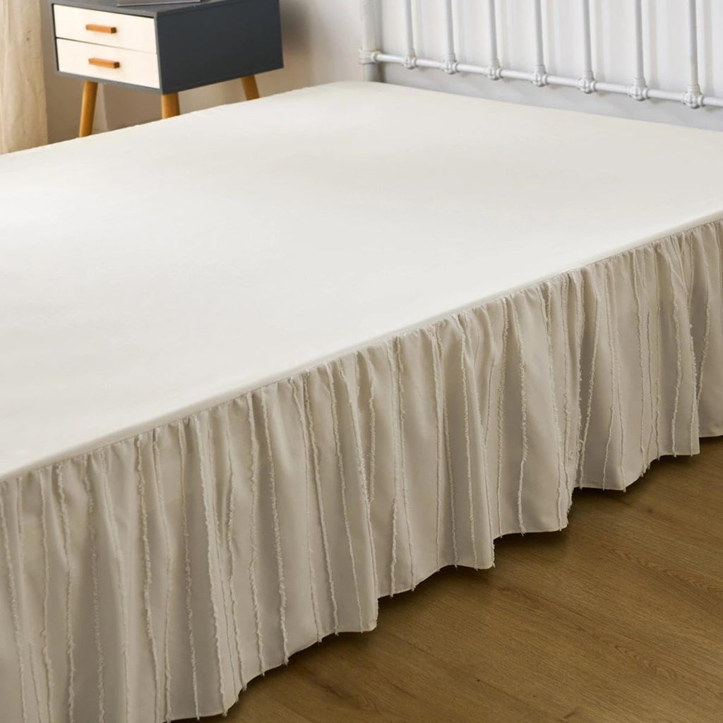 Bed Skirt Queen Size - Ruffled Bed Skirt - with Split Corners - Cream | Striped Boho Tufted -14 Inch Drop Bedskirt