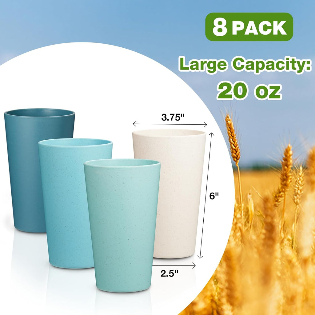 Wheat Straw Cups Set of 8, 20 oz Unbreakable Drinking, Chip Resistant, Reusable Water Set, Large , Camping, BPA Free