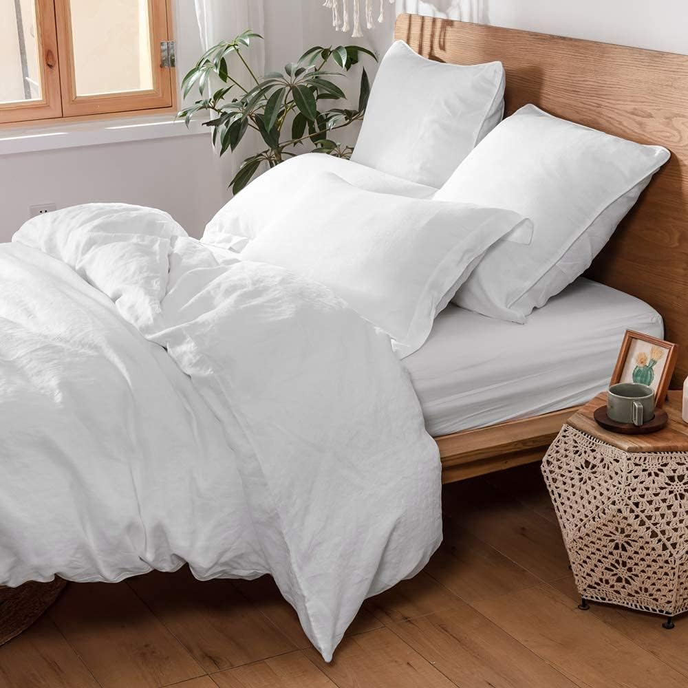 100% French Linen Pillow Shams Basic Style - Pack of 2 - Washed Solid Color Natural Flax Soft Breathable - White