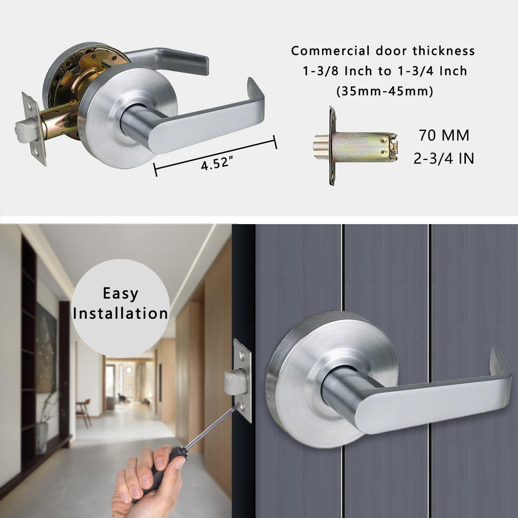 Heavy Duty Commercial Passage Door Lever, Satin Chrome Finished Non-Locking Grade 2 Door Handle