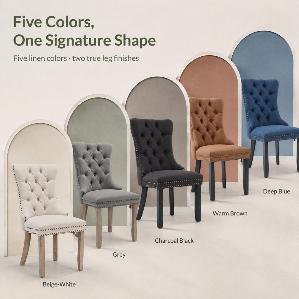 Beige-White Set of 6, Tufted Kitchen & Dining Room Chairs