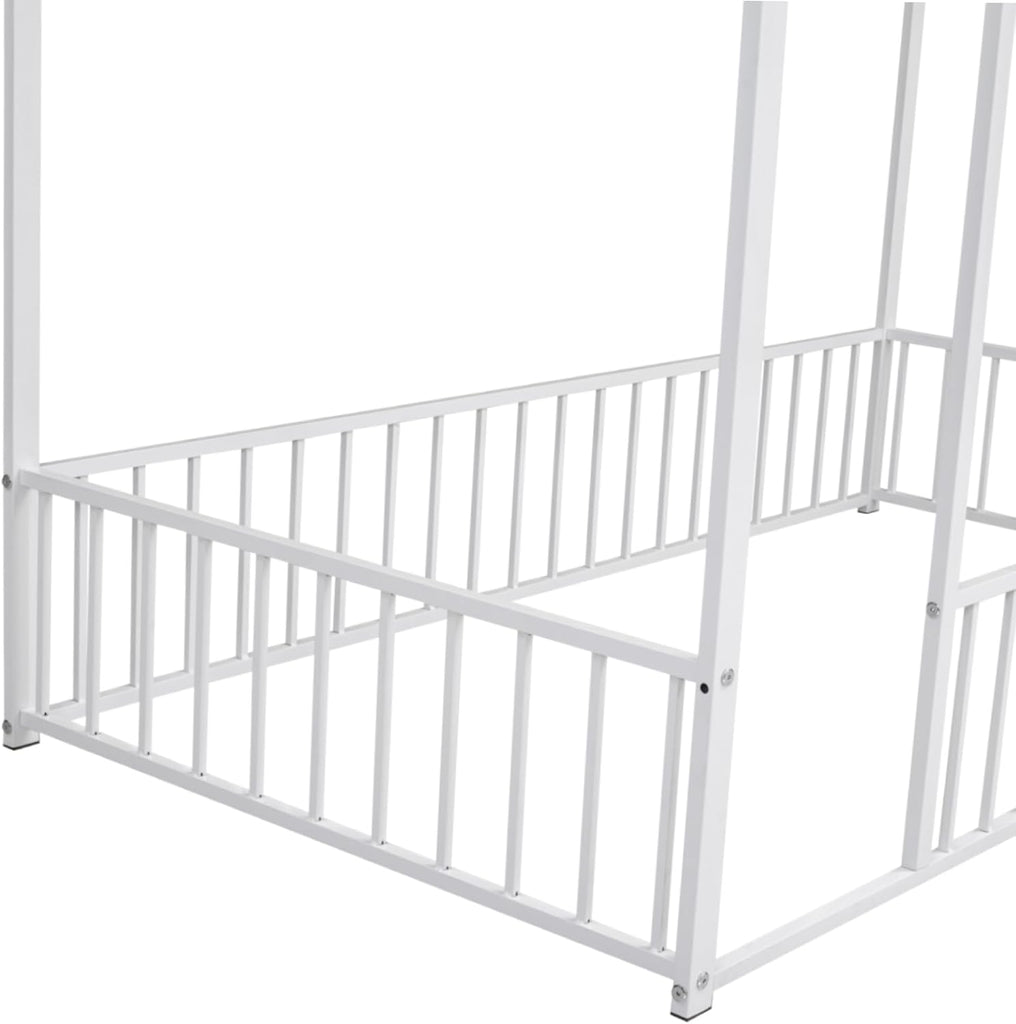 Twin Size Montessori Floor Bed, Metal House Bed Frame for Kids, Floor Beds with Fence, White