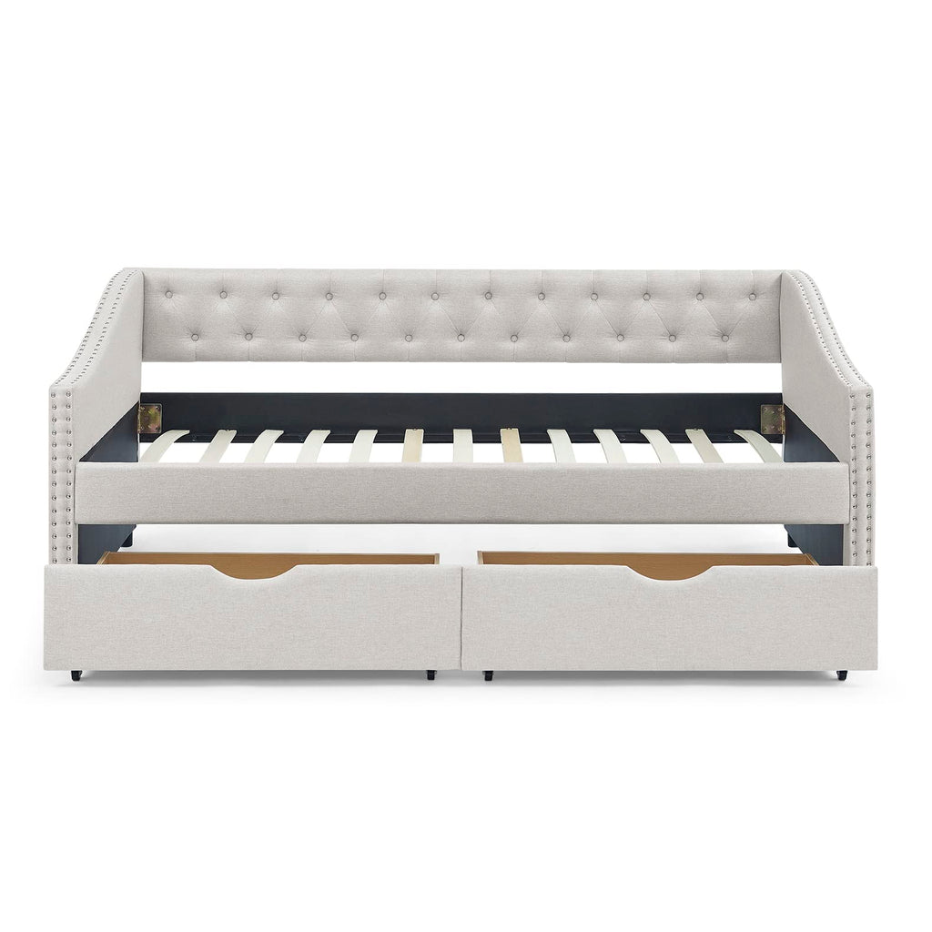 Wood Twin Daybed, Day Bed Frame with 2 Storage Drawers, Upholstered Twin Bed Frame Sofa Couch with Button and
