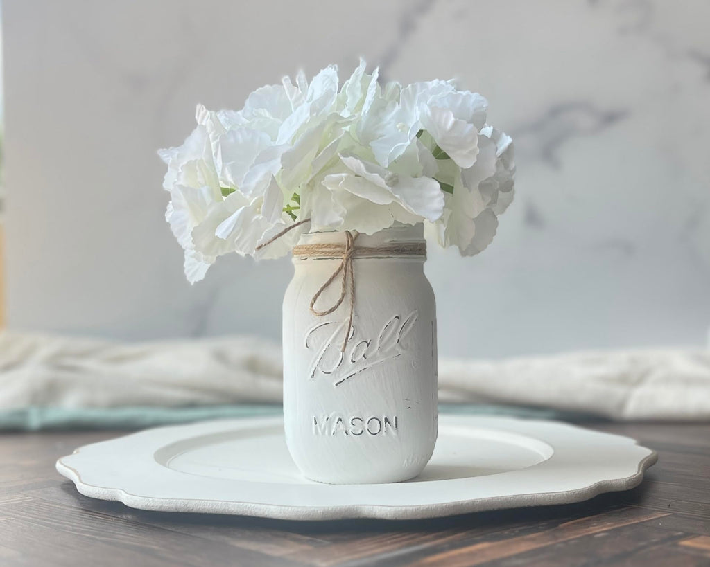 Small White Mason Jar with Ivory Hydrangeas - 16 oz Painted Rustic Vase for Modern Farmhouse Home Decor - Mini Floral