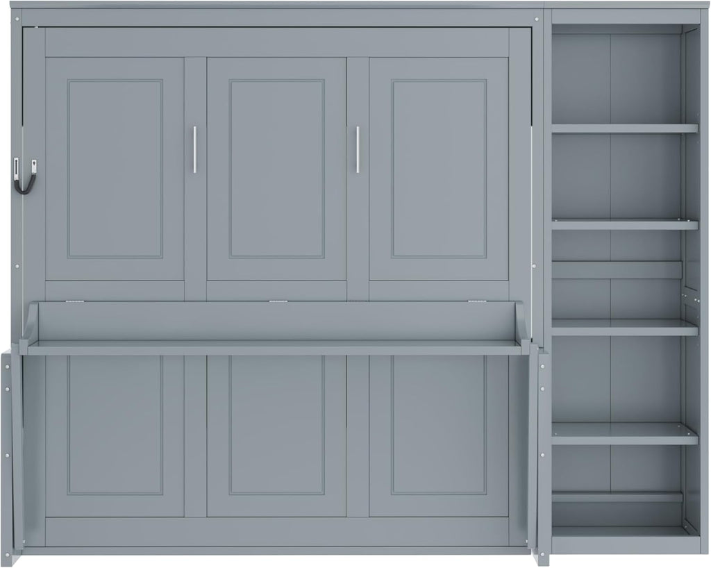 Queen Murphy Bed with Desk and Storage Shelves,Wood Hideaway Murphy Wall Bed with Storage Bookcase for Adults (Grey)