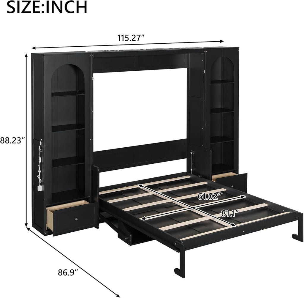 Queen Murphy Bed with Desk and Storage Bookcase & LED Light, Solid Wood Murphy Wall Bed with Storage Shelves and