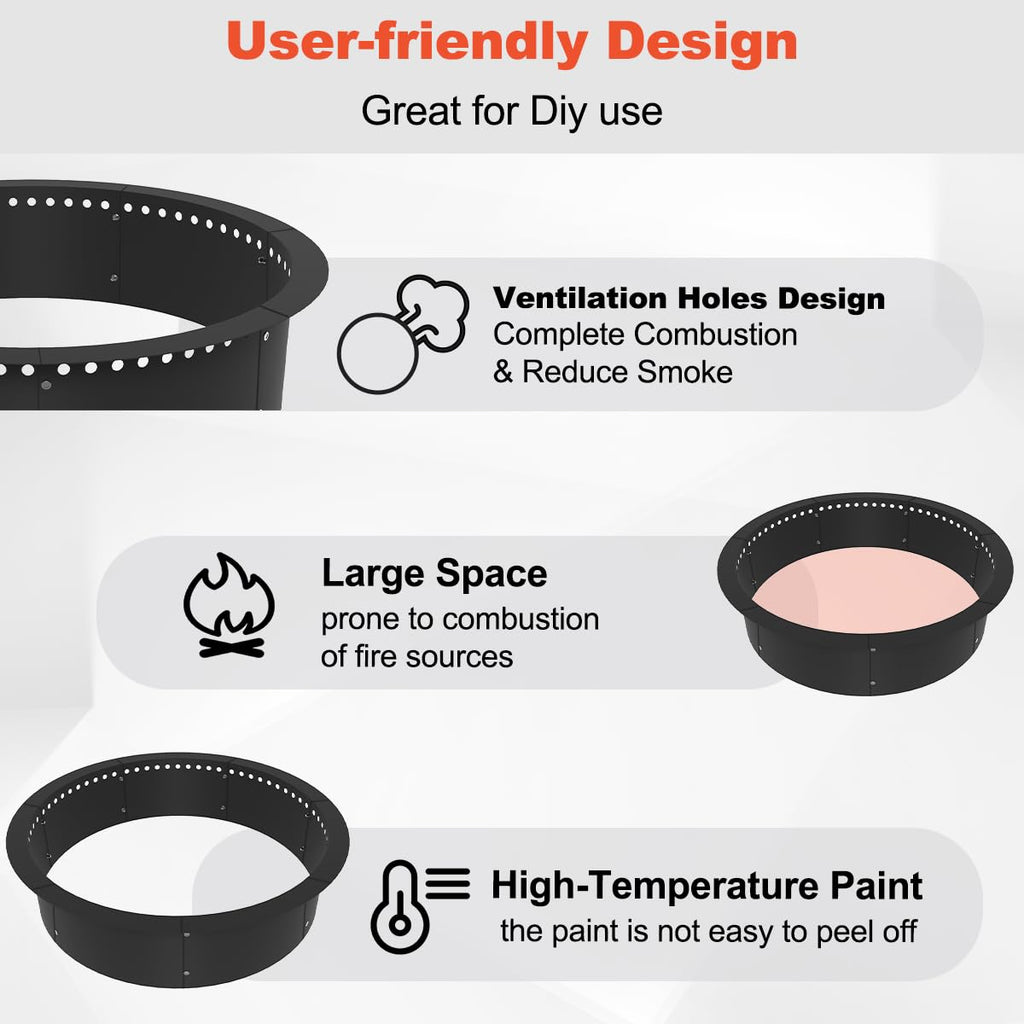 Outdoor Smokeless Fire Pit Ring Liner 35-Inch Outer/31-Inch Inner Diameter, Heavy Duty Solid Metal Steel Round