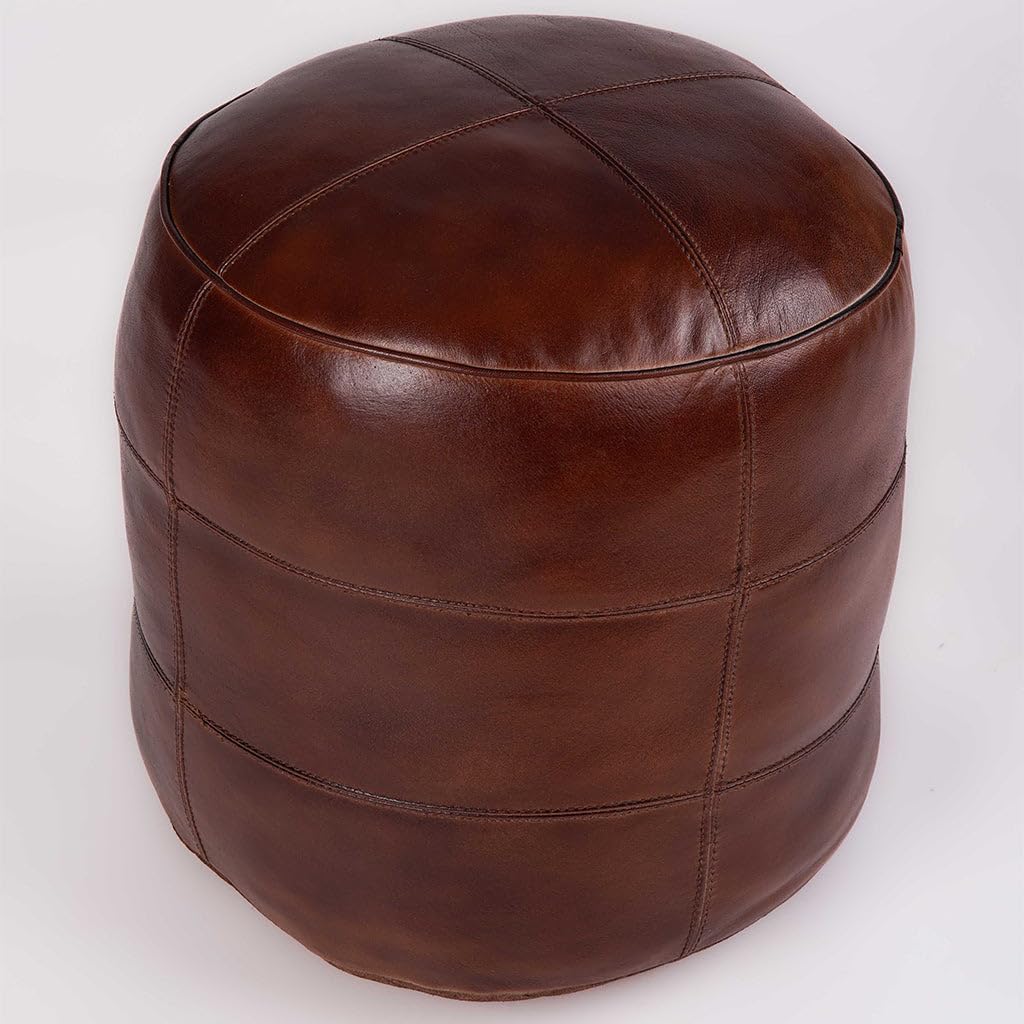 Round Shaped Buffalo Leather Eco-Friendly Brown Pouf - Round Pouf, 14"x14" x14", Plain Solid Pouf, Buffalo Leather