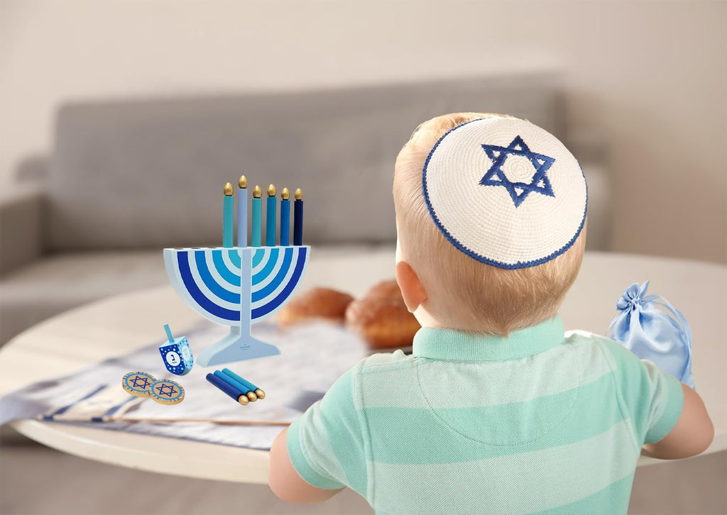 Mini Blue Hanukkah , 5" Inch Children Wooden Chanukah Set with Removable Wooden Candles, 3" Inch Dreidel, and Gelt