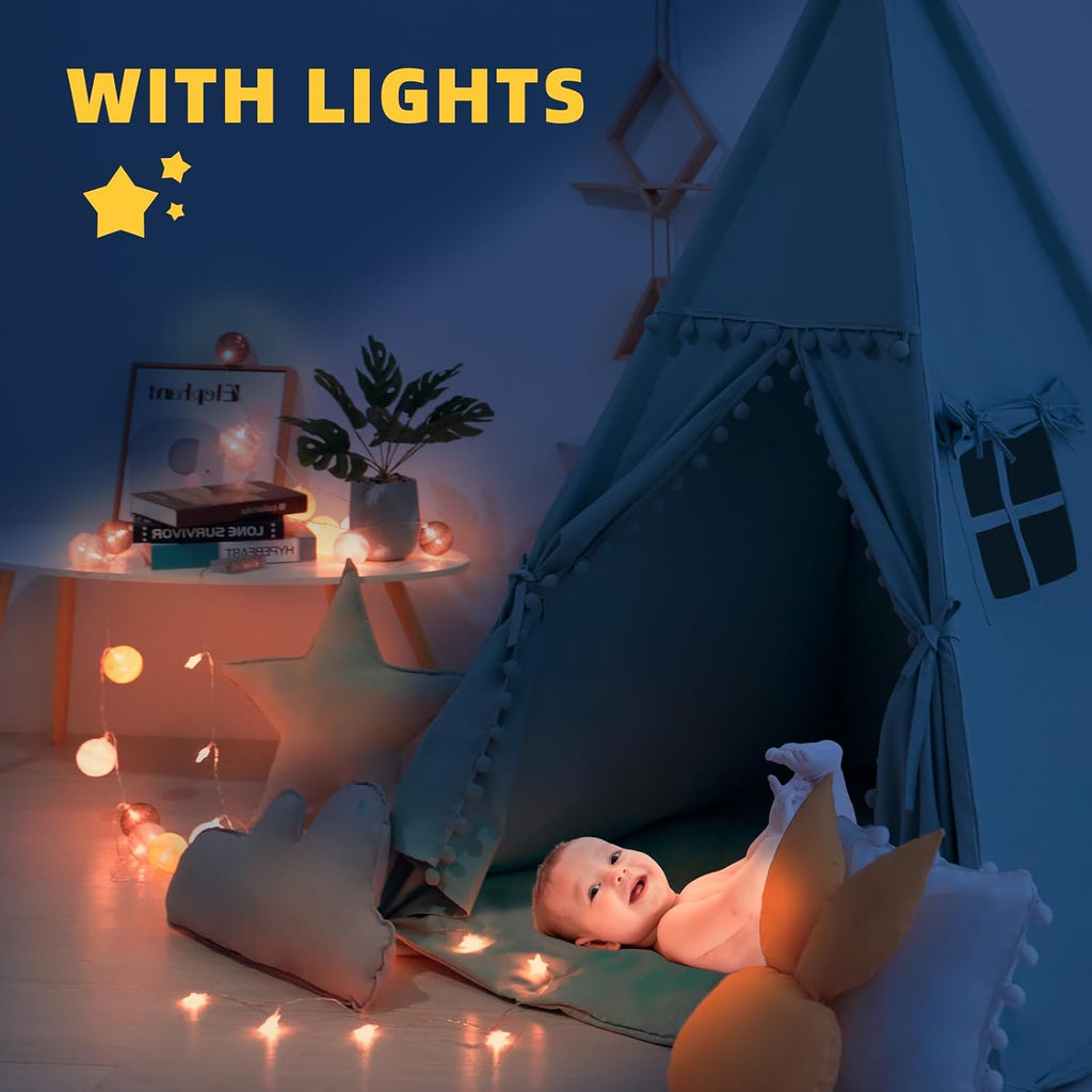 Teepee Tent for Kids with Mat, Star Lights, Carry Case, Cotton Canvas Playhouse, Foldable Tents, Portable Children