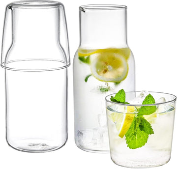 2 Sets 17 Oz Bedside Water Carafe and Glass Set, Nightstand Water Pitcher with Cup Lid, Juice & Mouthwash Bottle or