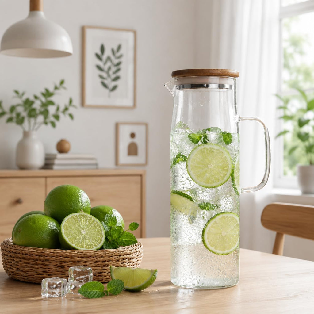 Glass Pitcher with Lid Glass Water Carafe with Handle, Fridge Water Jug Cold or Hot Beverages, Iced Tea, Milk, Juice