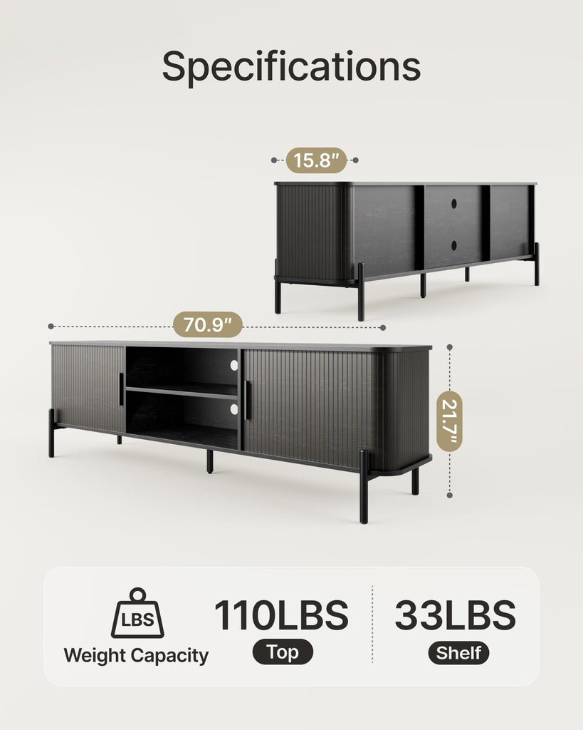 70" Mid-Century Fluted TV Stand with Storage up to 80 Inch, Black