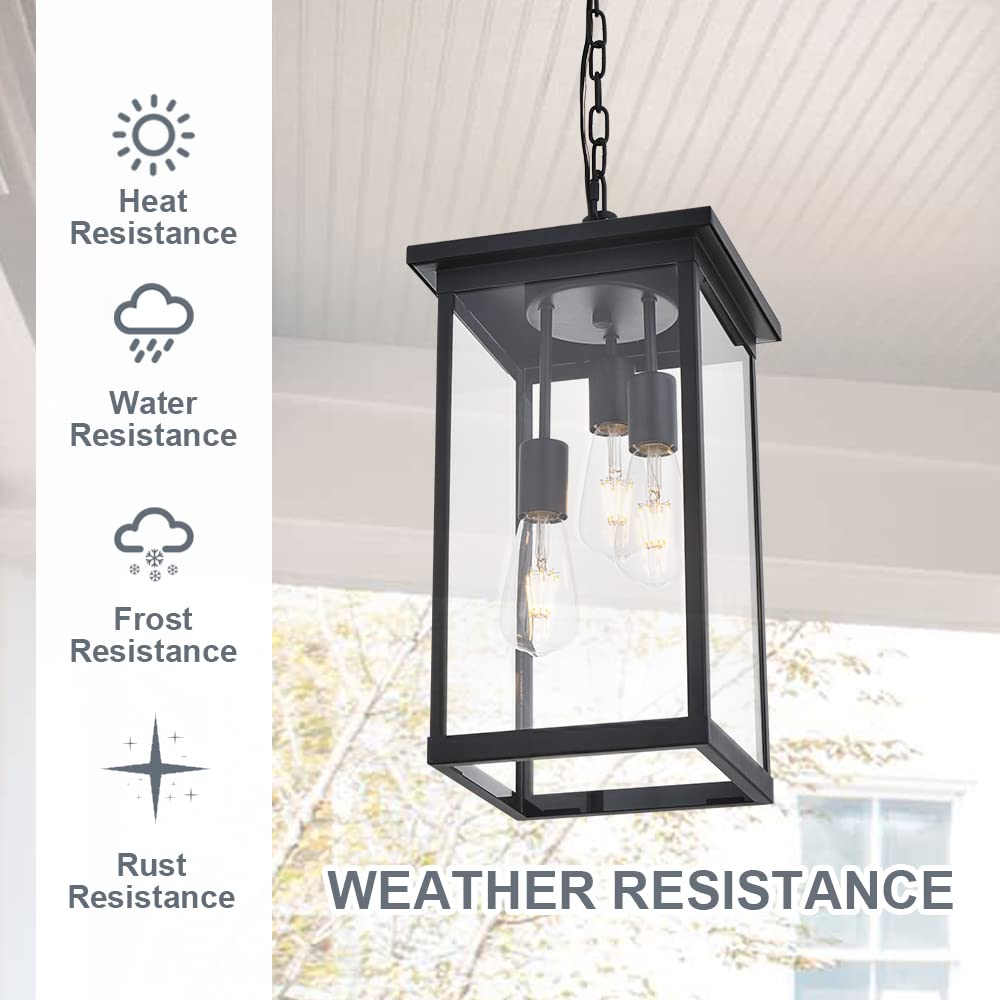 3-Light Black Outdoor Pendant Light Fixture, Adjustable Exterior Hanging Lantern Porch Light