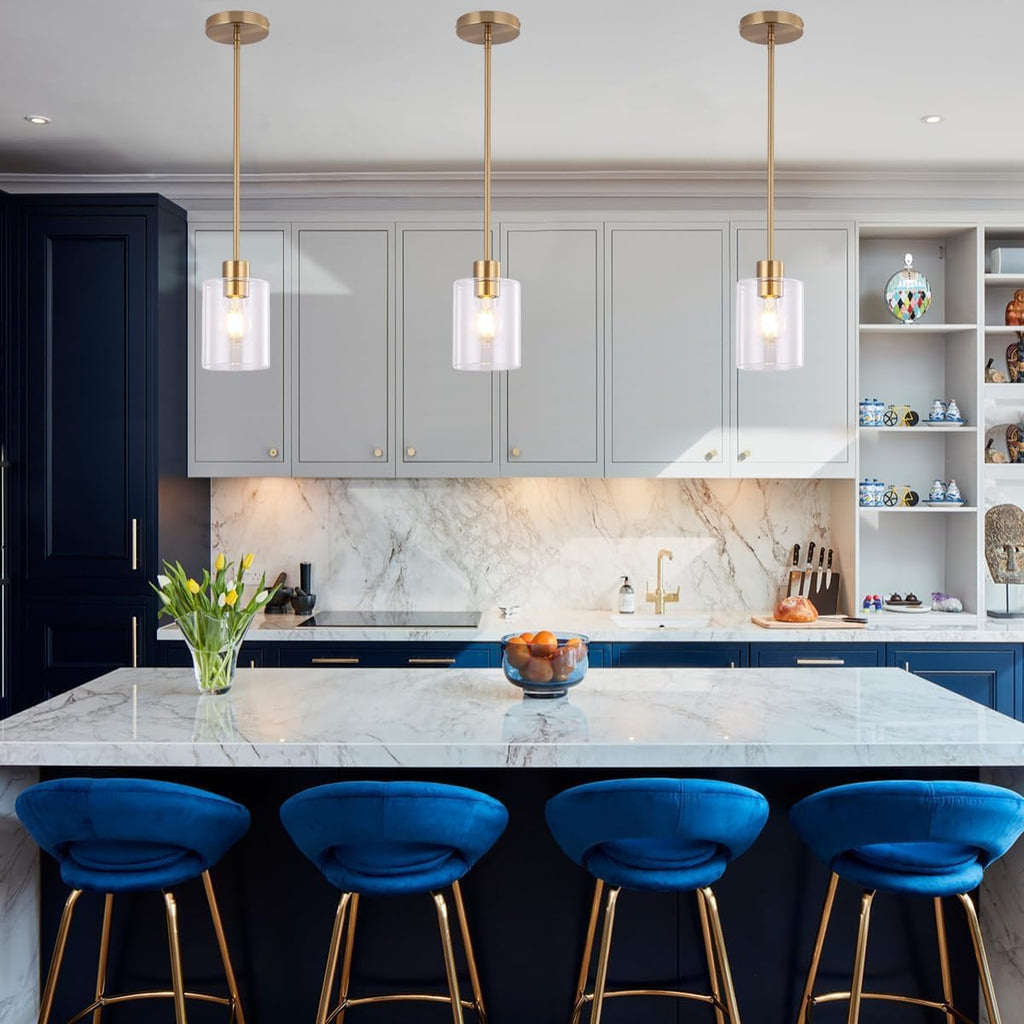 Brass Pendant Lights Kitchen Island - Gold Clear Glass Pendant Light Fixture Multiple Stems Rods 3 Units 12 Inch 3