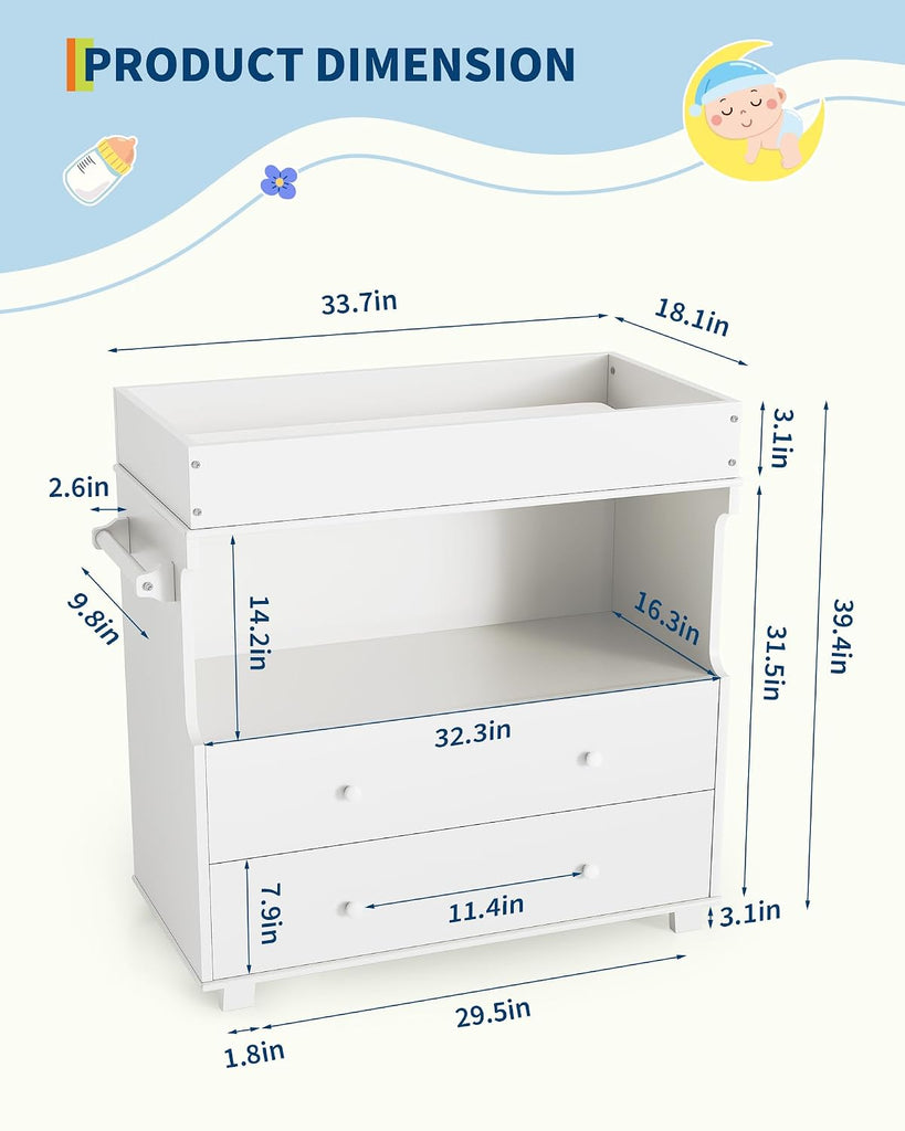 Baby Changing Table with Drawer and Storage Shelves | Heavy Duty Diaper Station , White Wooden Changing Table with