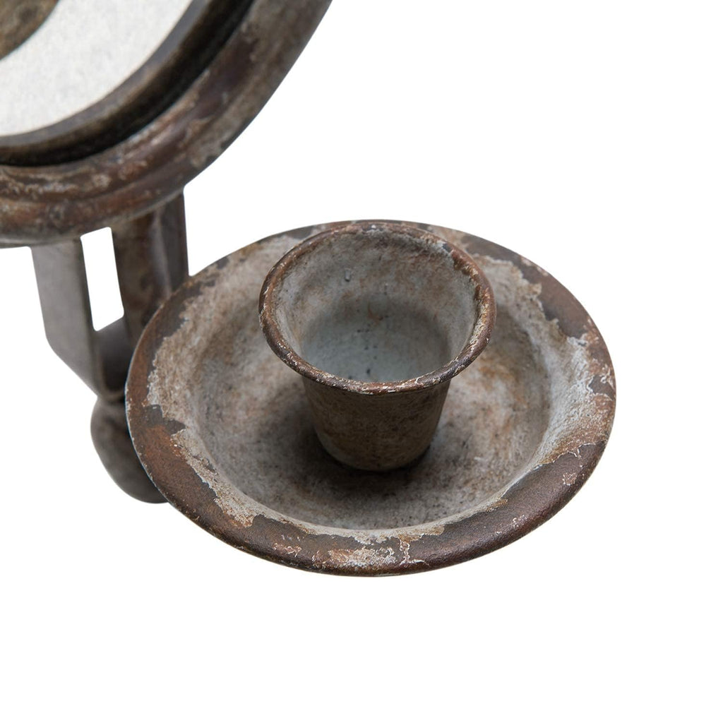Antique Metal Candle Sconces Candlestick Holder Wall Mounted Distressed with Oval Faded-Looking Mirror
