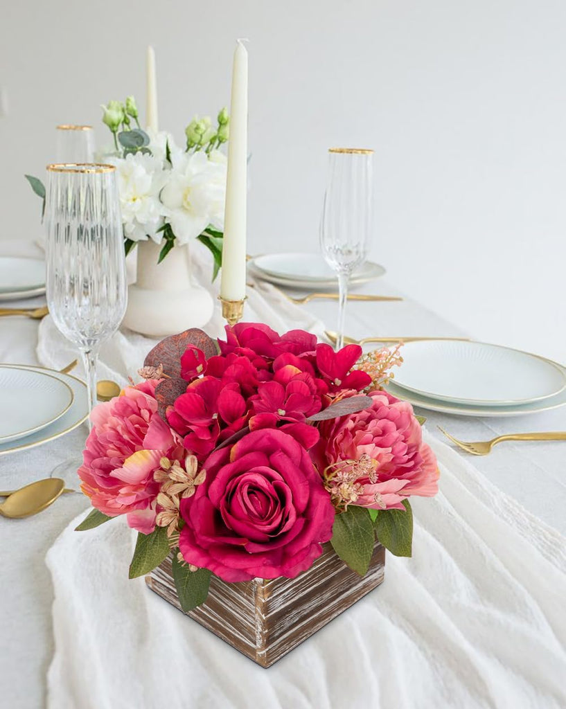 Flower Arrangement with Wooden Vase 8" Artificial Flowers in Pot - Fake Flowers Roses Peonies Hydrangeas in Wooden