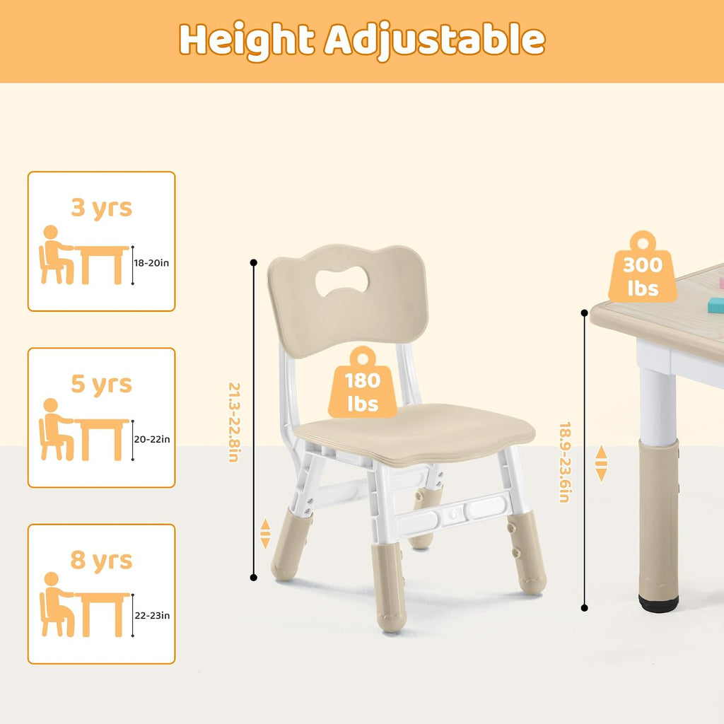 Height Adjustable Kids Table and Chairs Set (2 Chairs) for Ages 2-8 | Non-Slip Toddler Activity Table with Wipe-Clean
