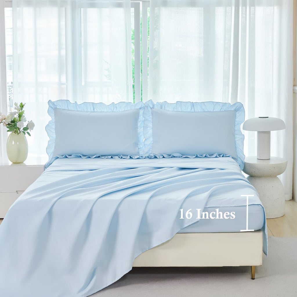 5 Pieces Light Blue Full Bed in A Bag for Kids Girls Ruffle Bedding Sets Boho Comforter Set Vintage Farmhouse Bedding