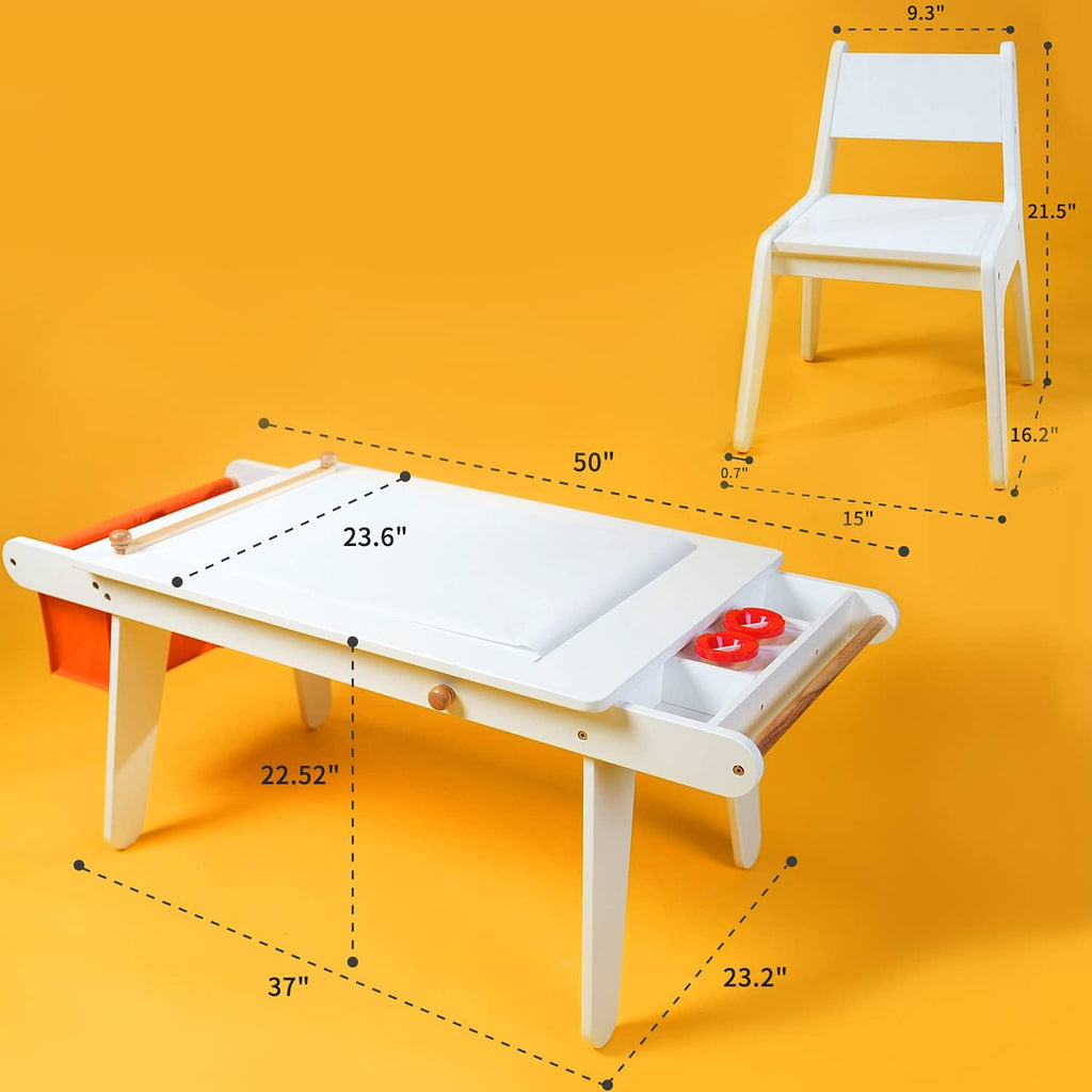 Kids Table and Chair Set, Kids Art Table with 2 Stools, Storage Bag & Paper Roll, Kids Desk & Chair Set, Craft Table
