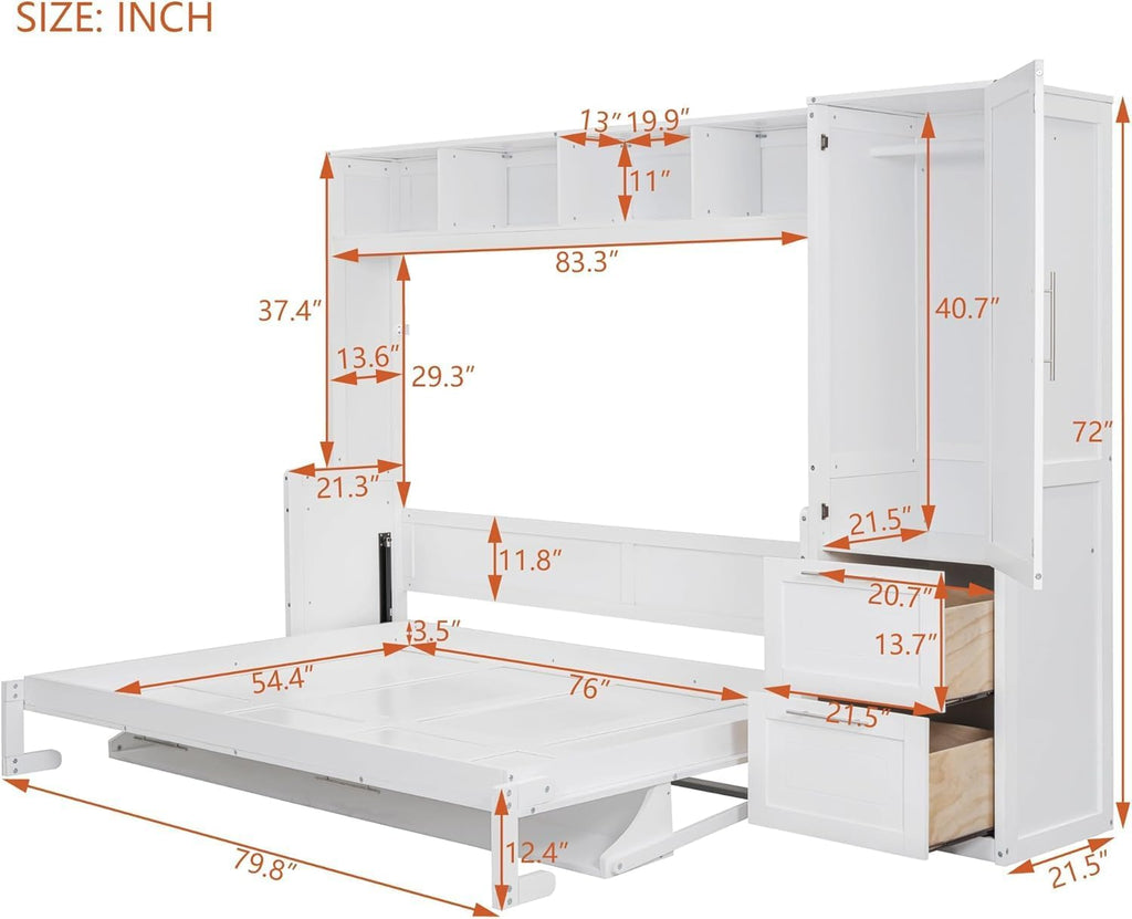 Full Horizontal Murphy Bed with Wardrobe Closet,2 Drawer,4 Storage Open Shelves,Wood Folding Murphy Wall Bed Cabinet