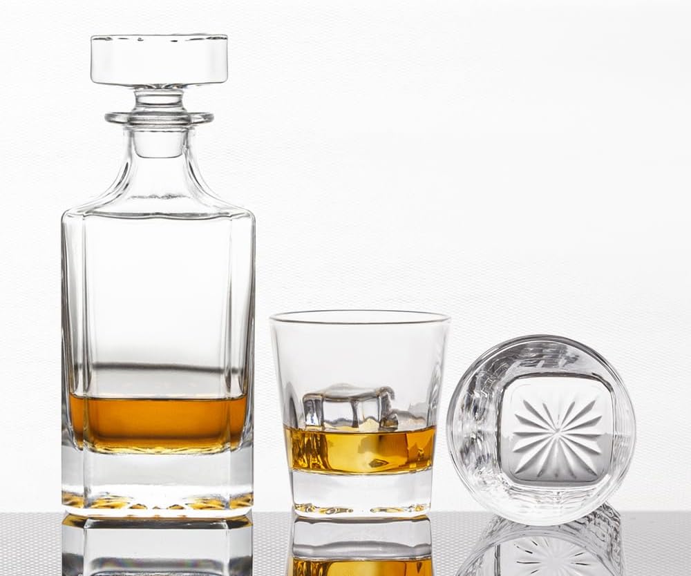 Square 25Oz Whiskey Liquor Decanter Set With 2 Glasses in Box - Set of 3