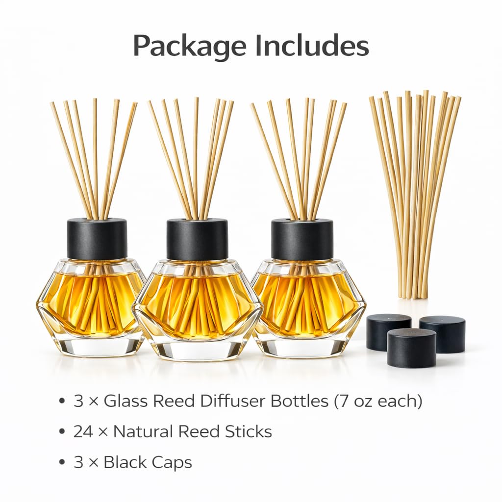 3PC Clear Glass Reed Oil Diffuser Bottles, 7oz, with Black Caps (Diffuser Oil is not Included)