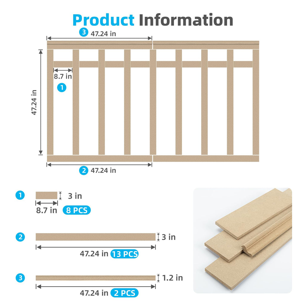 Premade Paintable Board and Batten Wainscoting Kit, 94.5 x 54 in