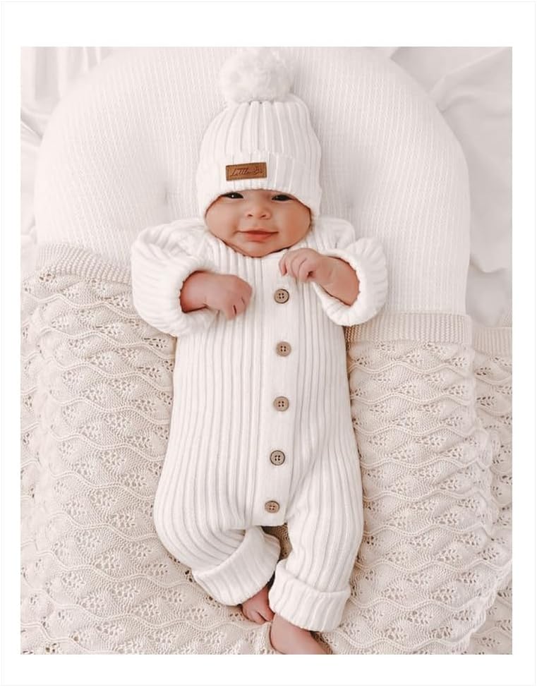 Baby Knit Sweater Romper Coverall Outfits One-Piece Jumpsuit Organic Cotton for Infant Baby Boys, Girls