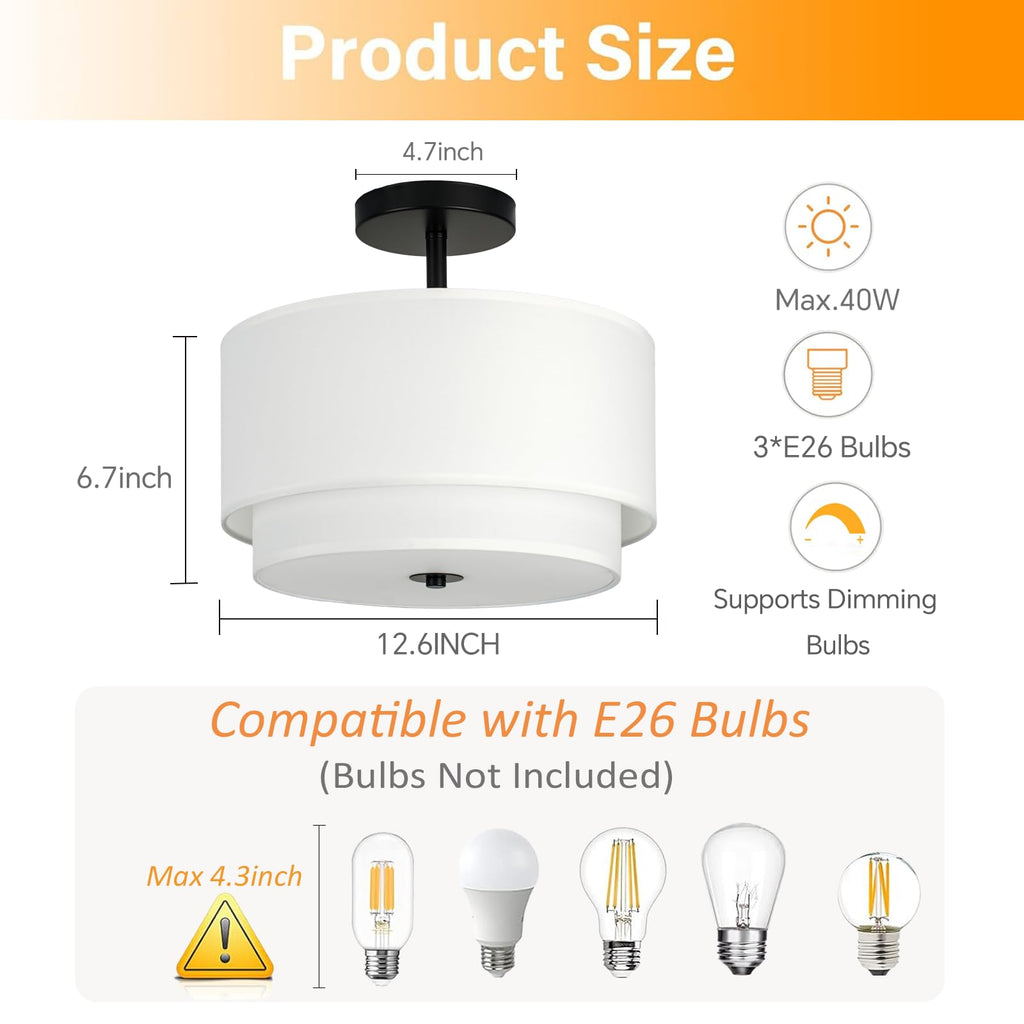 3-Light Semi Flush Mount Ceiling Light Fixture, 12.6inch Modern Close to Ceiling Light with 2-Layer White Drum Fabric