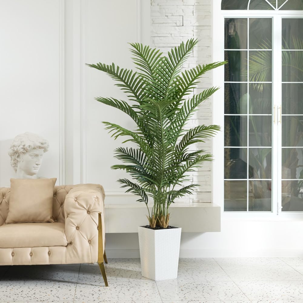 6FT Artificial Palm Tree - Tall Fake Tree with White Taper Planter & Pebbles, UV Resistant Decor - Large Potted Faux