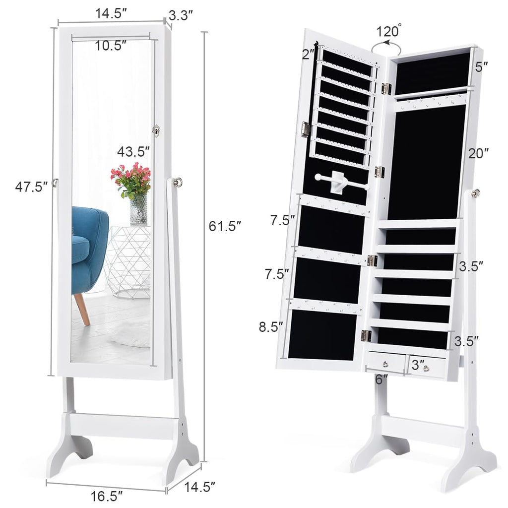 Lockable Standing Jewelry Armoire with Full Length Mirror, White