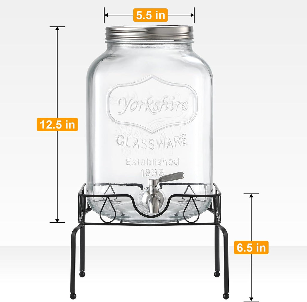 2 Gallon with Stand and Lid, 18/8 Stainless Steel Spigot - for Parties - Mason Jar Drink Dispensers with Lids