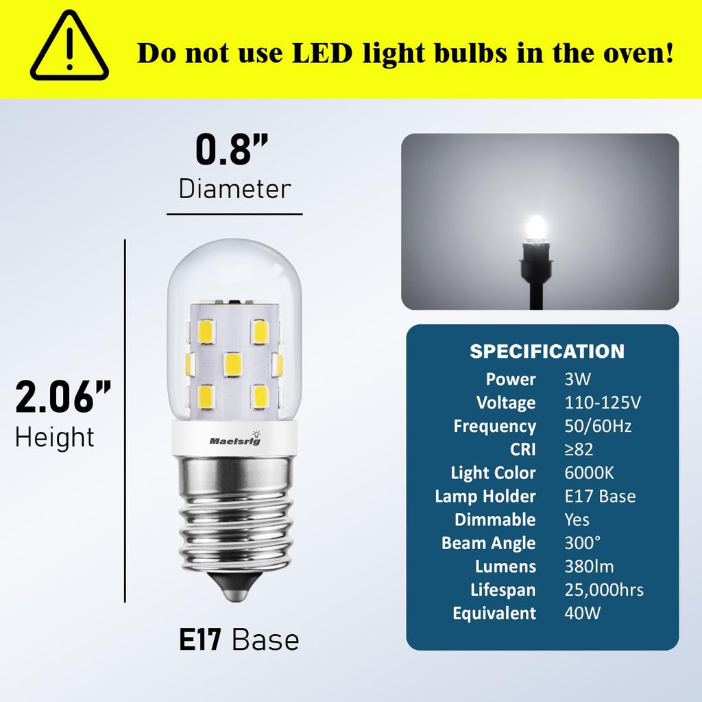 LED Microwave Light Bulbs Under Hood, E17 LED Bulb Dimmable for Range Hood 40W Equivalent, 3W 380 Lumens, LED