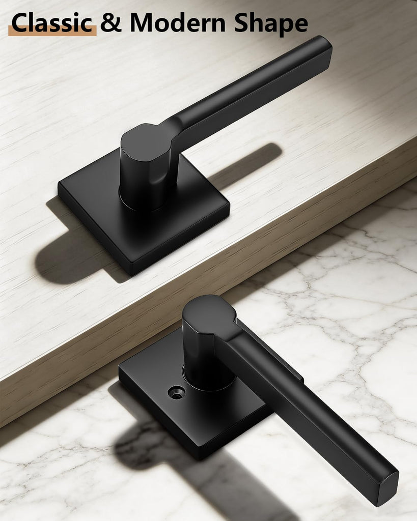 Interior Passage Door Handle, 2 Pack Matte Black Square Non-Locking Lever, Heavy Duty Reversible for Closet and