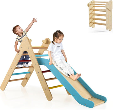 Triangle Set 2 in 1 Climbing Toys for Toddlers Foldable Wood Montessori Baby Jungle Gym with Ladder Ramp Slide Kids