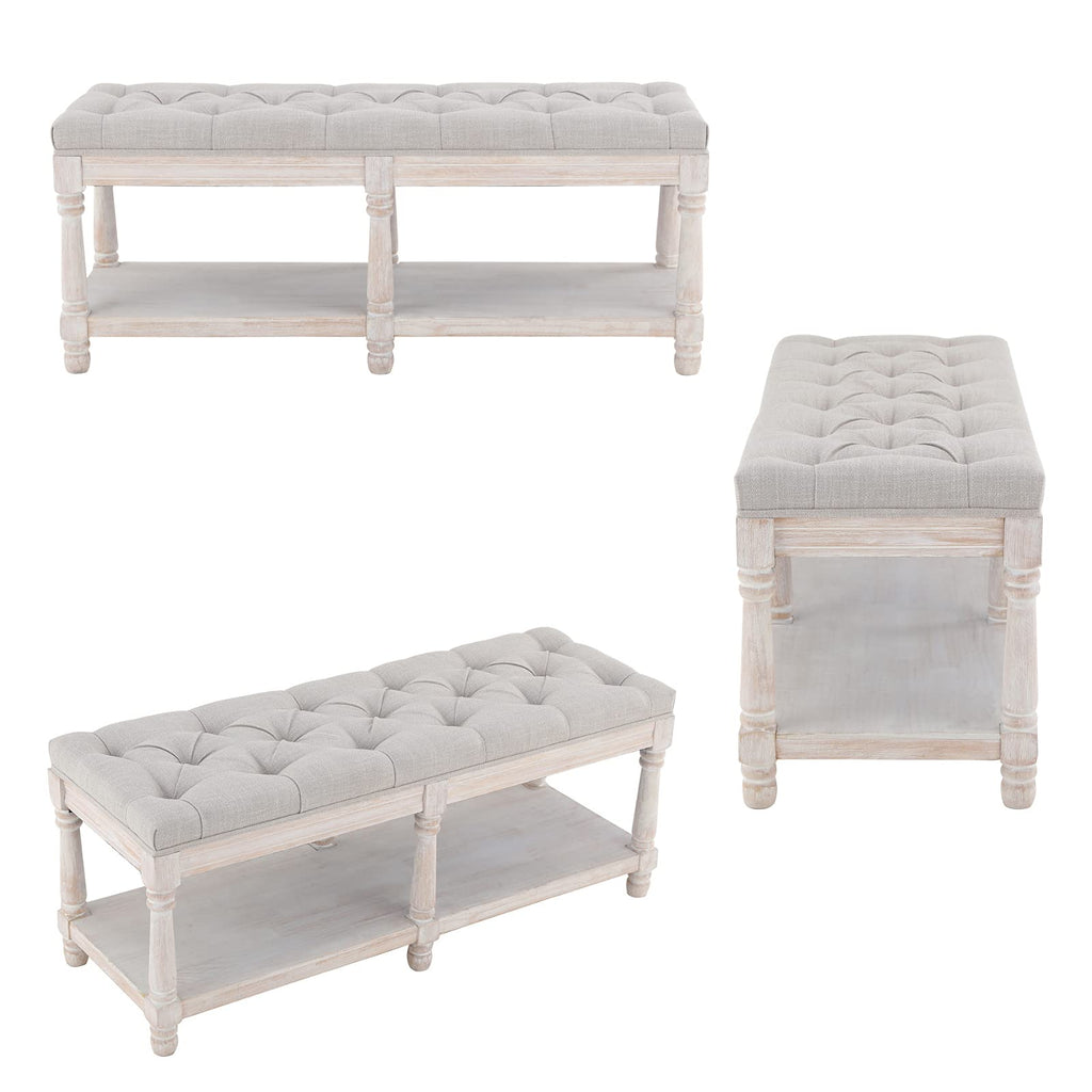 Mid Century Tufted Storage Bench with Shelf, Linen Upholstered Farmhouse Entryway Shoe Bench Ottoman Bed End Stool